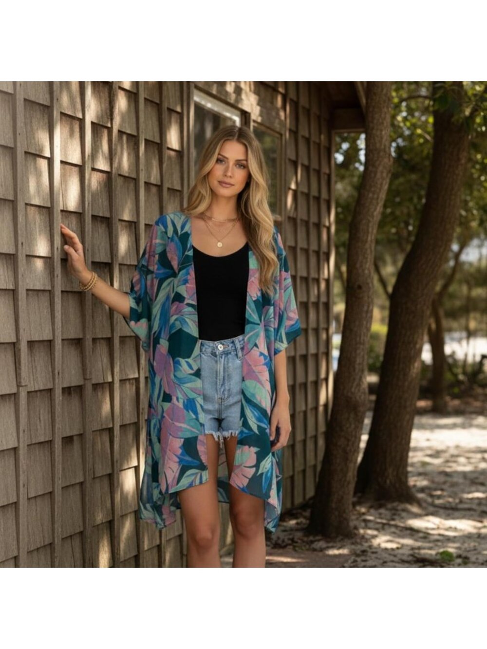 Women Rz Leaf's Journey Viscose Summer Lightweight Boho Kimono Cardigan Cover up - Picture 4 of 6